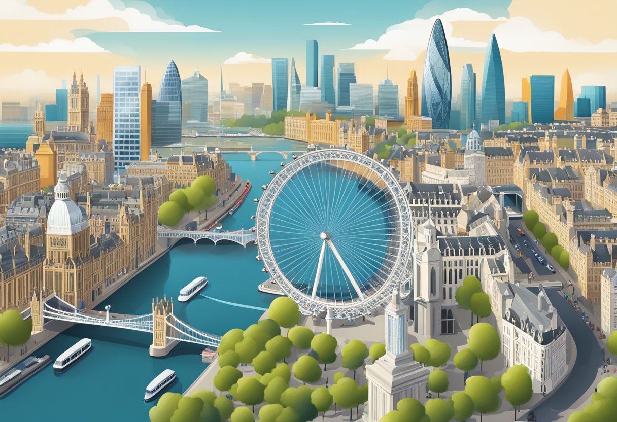 The London Eye rises above the city skyline, surrounded by bustling streets and iconic landmarks, symbolizing the cultural and economic impact it has had on the city