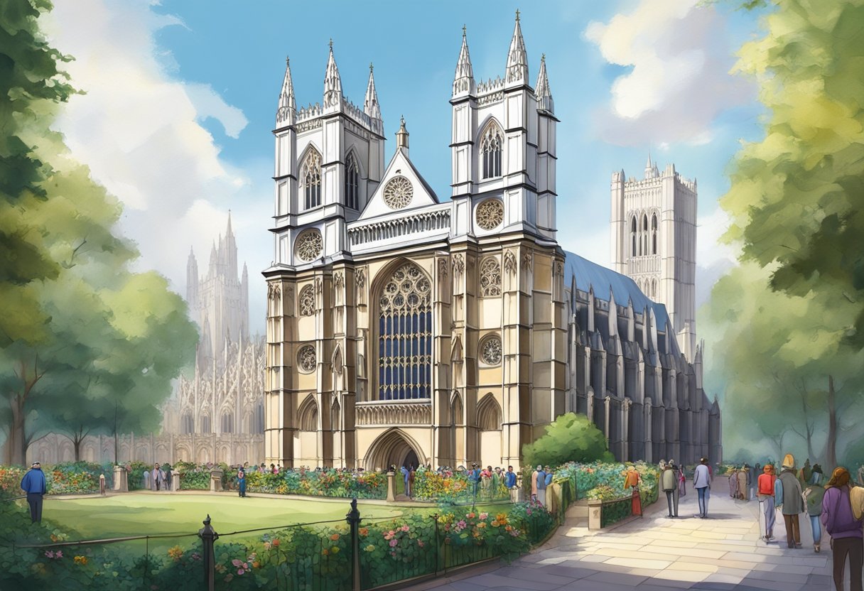 The majestic Westminster Abbey stands tall, surrounded by lush greenery. Its intricate Gothic architecture is adorned with intricate carvings and stained glass windows. Tourists wander around, marveling at the lesser-known historical facts