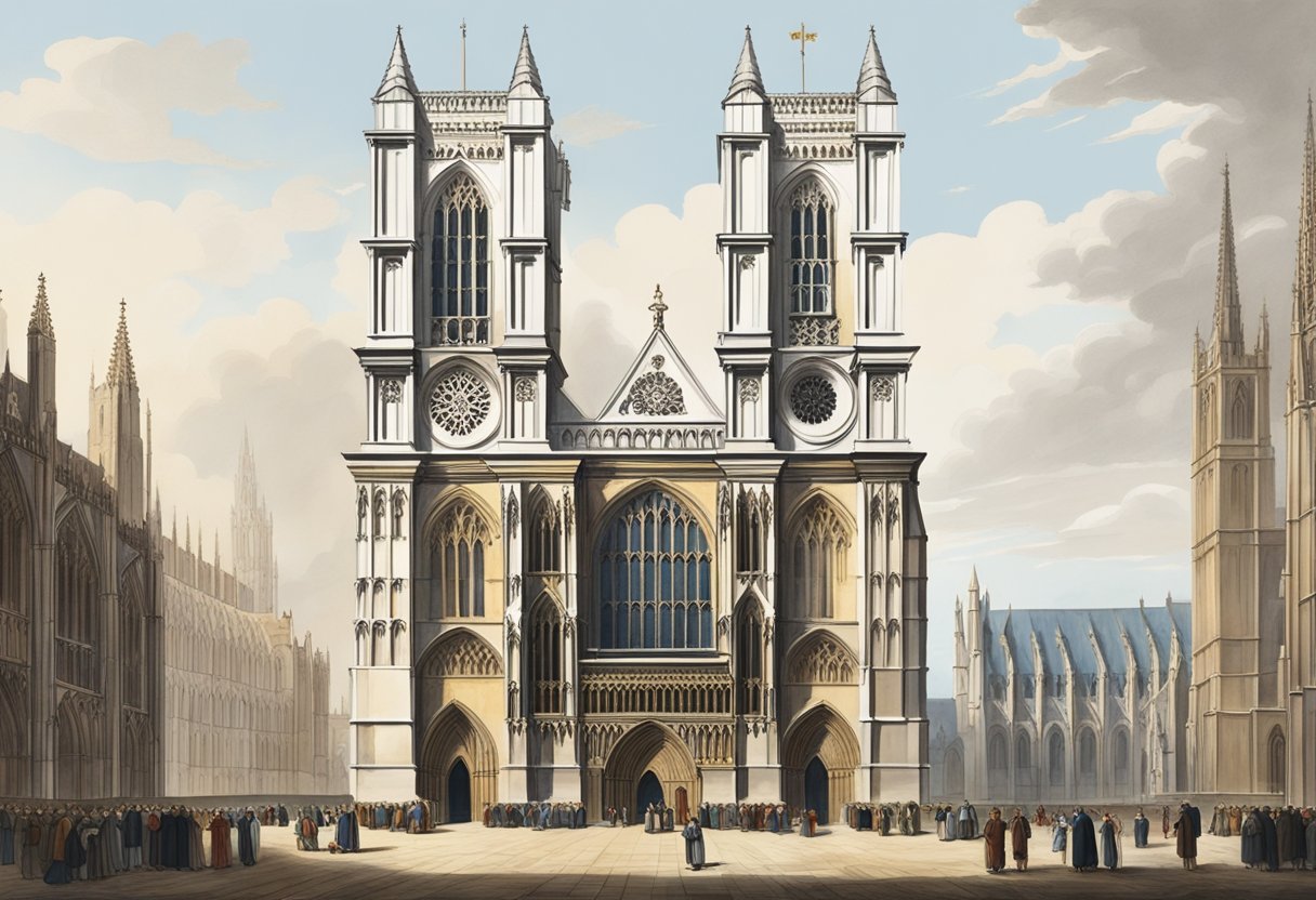 The grand exterior of Westminster Abbey, with its intricate Gothic architecture, stands imposingly against the sky. Surrounding it, a mix of unknown patrons and benefactors are depicted in various forms of support and reverence