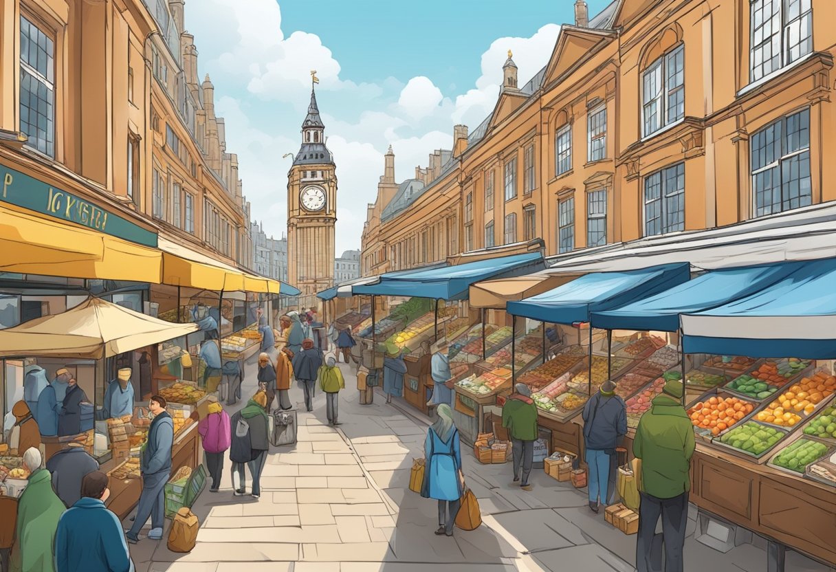 A bustling historic market in London with colorful stalls, old architecture, and a lively atmosphere