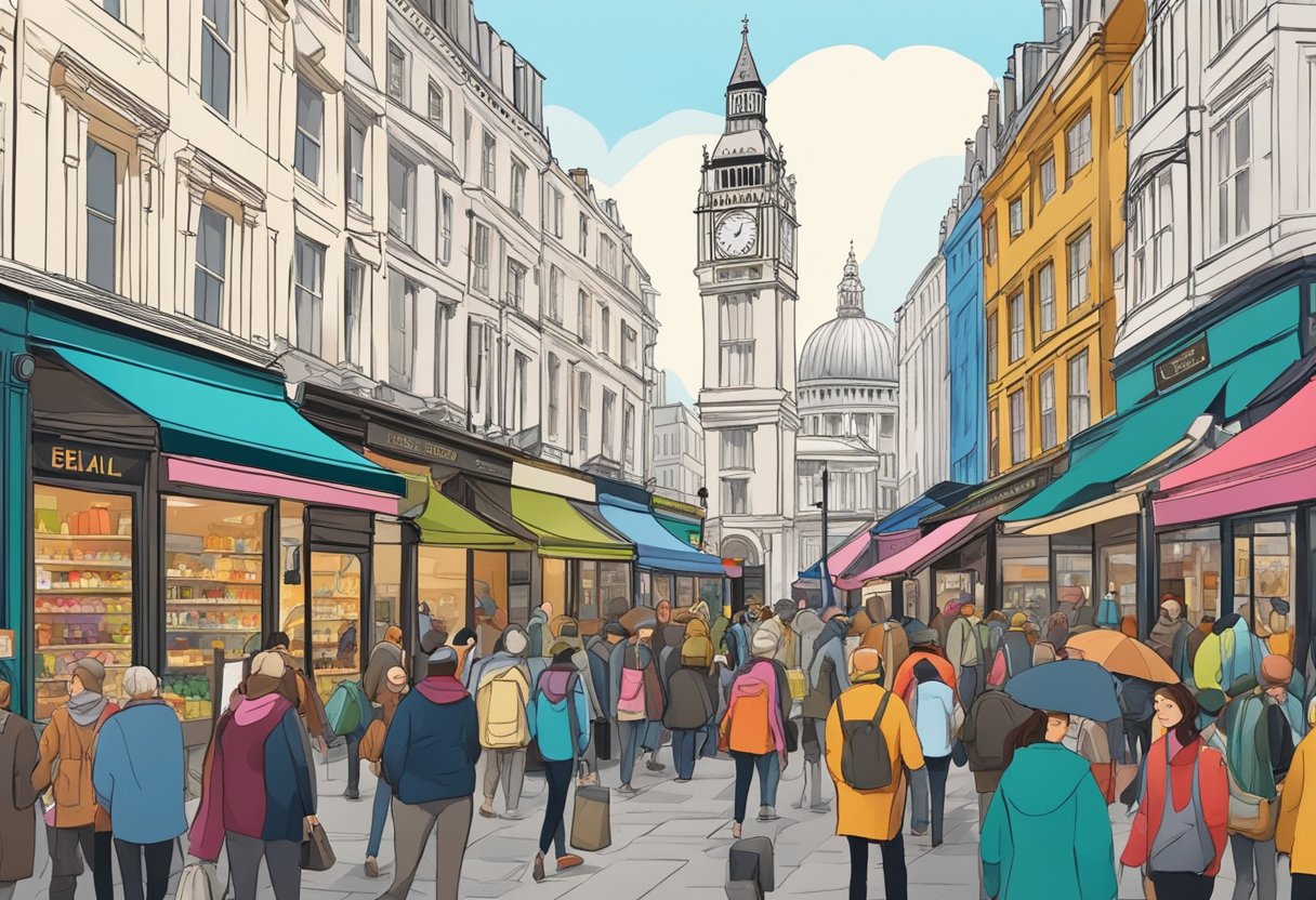 A bustling market street in London with colorful stalls and historic architecture. Busy shoppers and vendors create a lively atmosphere