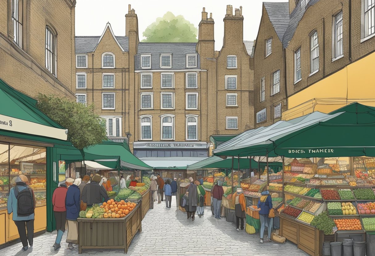 Crowded stalls line the cobblestone streets of Borough Market, filled with vibrant produce and artisan goods. The historic architecture provides a picturesque backdrop for the bustling market scene