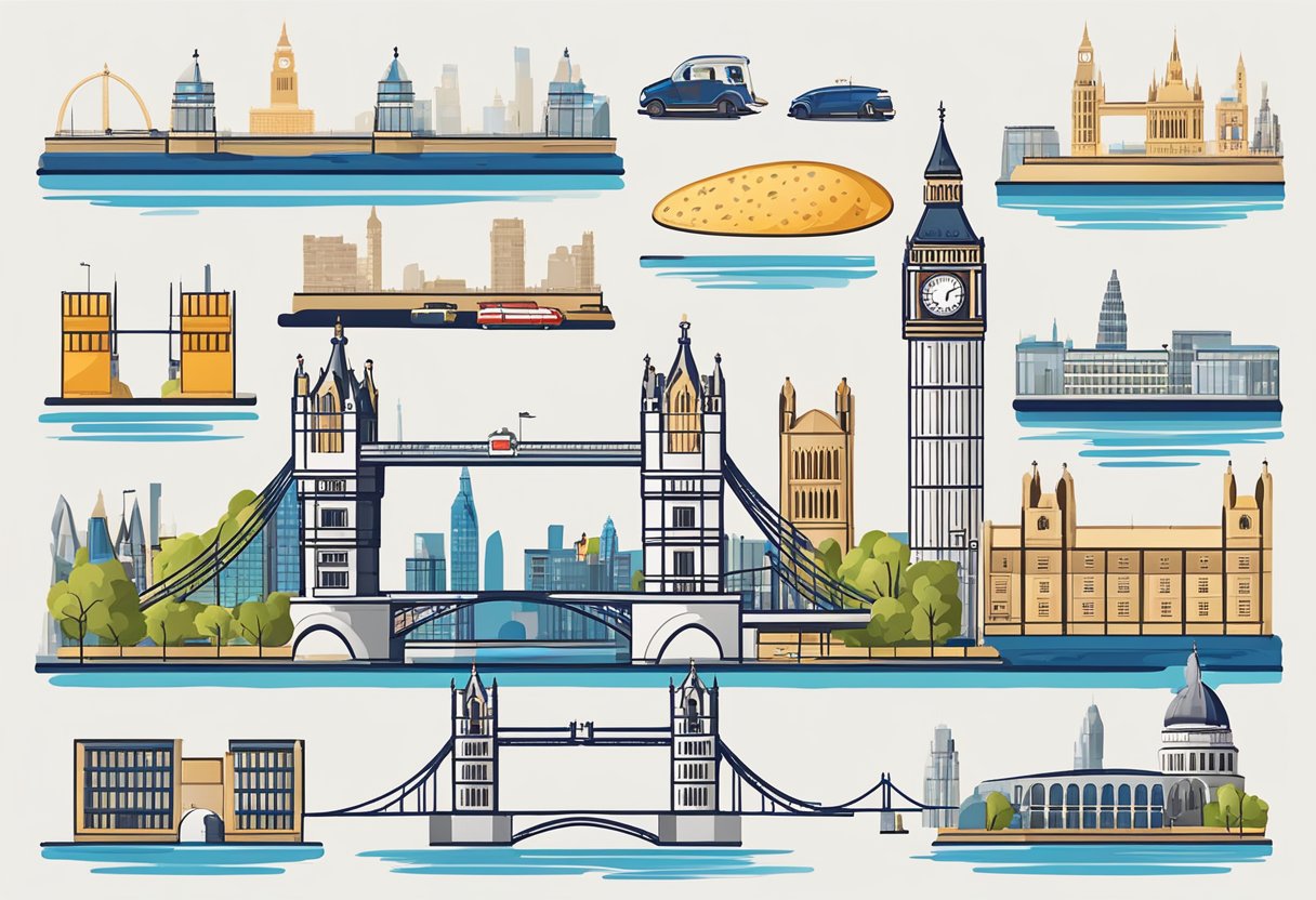 The London skyline is dominated by iconic landmarks such as the Tower Bridge, the Shard, the London Eye, the Gherkin, St. Paul's Cathedral, the Walkie Talkie, the Cheese Grater, and the Big Ben