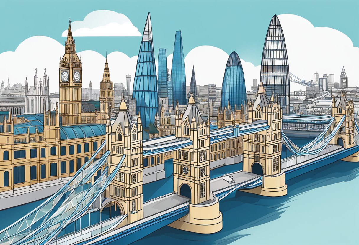 The London skyline features landmarks like the Tower Bridge, St. Paul's Cathedral, the Shard, and the London Eye