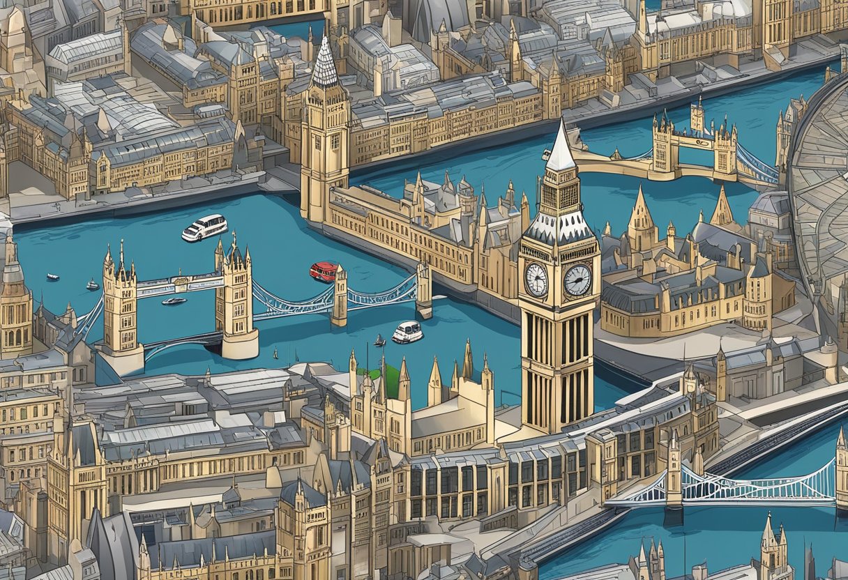 The London skyline, dominated by landmarks like Big Ben, Tower Bridge, and the Shard, reflects the city's rich historical and cultural significance