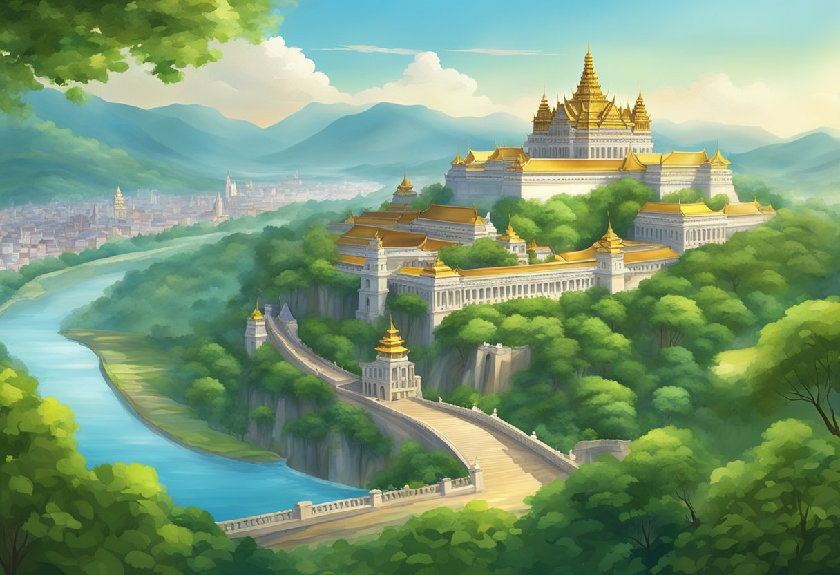 A grand palace sits atop a hill, overlooking a bustling city. The surrounding area is filled with lush greenery and a flowing river, with a clear view of the horizon