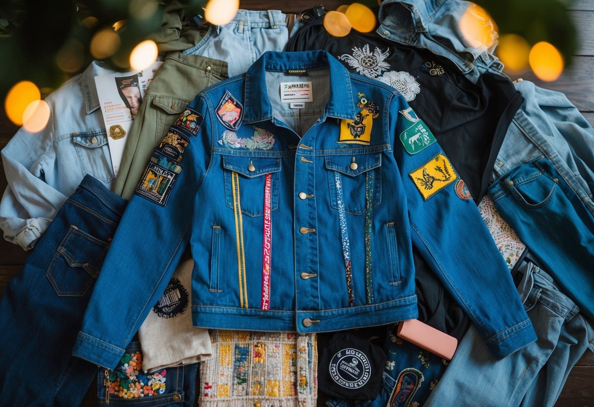 Eine Jeansjacke, verziert mit Stoffaufnähern und Stickereien, umgeben von verschiedenen Upcycling-Kleidungsstücken