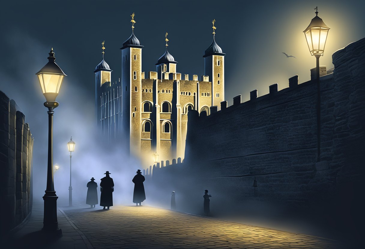 A foggy night at the Tower of London, with ghostly figures floating around the ancient stone walls and eerie shadows cast by the dimly lit lampposts