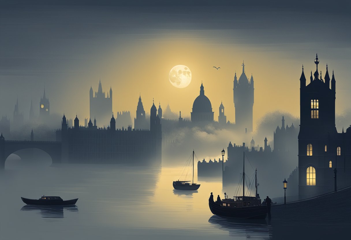 A foggy night in London, with the moon casting an eerie glow over the Tower of London, St. Paul's Cathedral, and the Old Bailey. Ghostly figures seem to lurk in the shadows of these historic landmarks