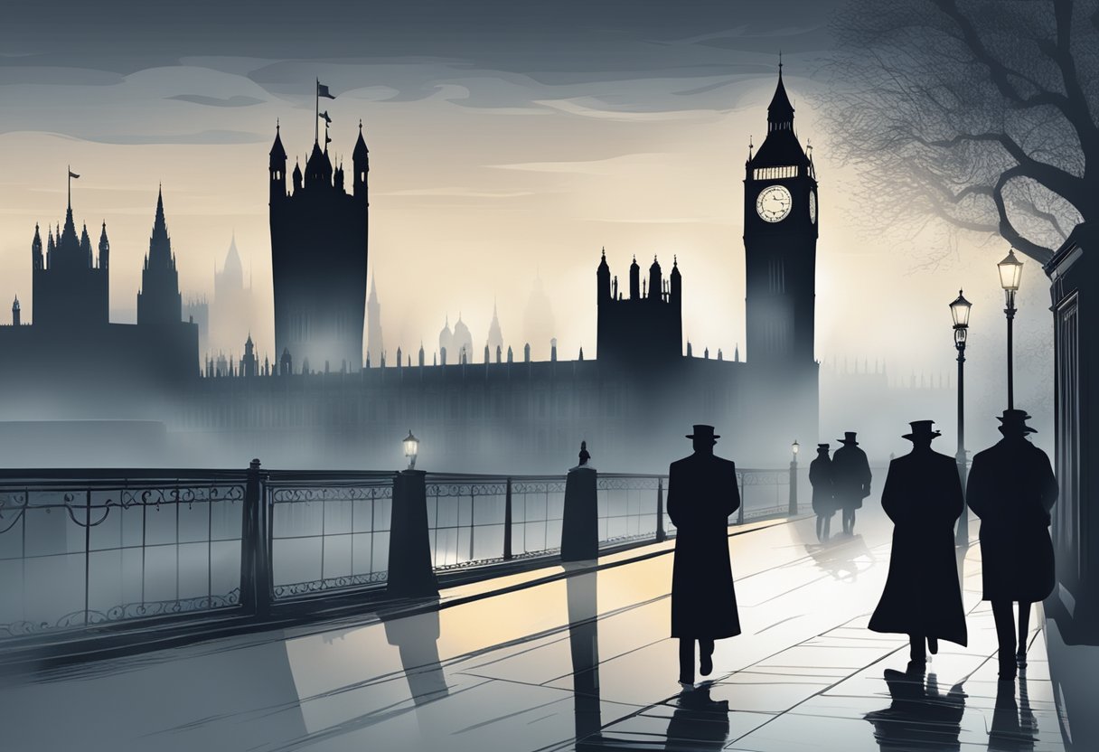 A foggy night in London, with Big Ben and the Tower of London shrouded in mist. Eerie shadows and ghostly figures linger around the ancient landmarks