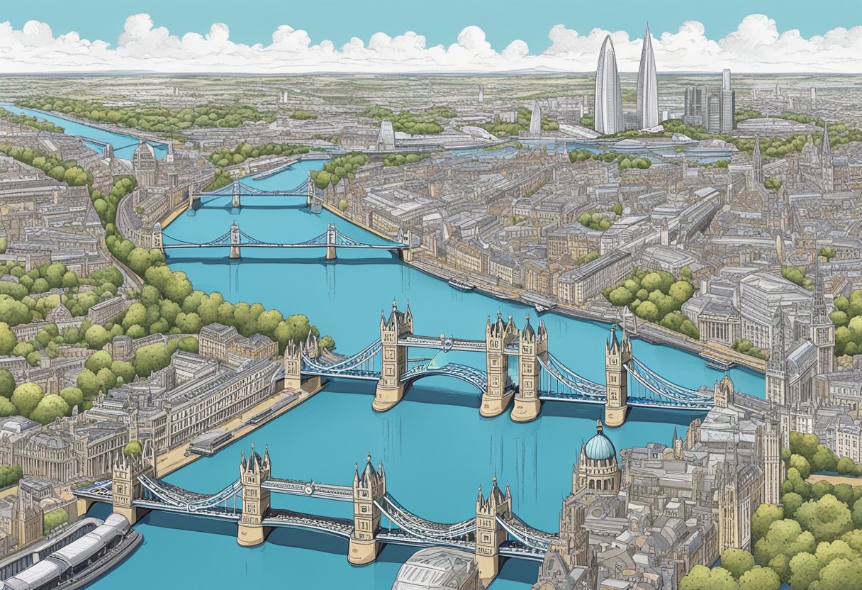 A panoramic view of the 12 famous bridges of London spanning the River Thames, each showcasing unique architectural designs and historical significance