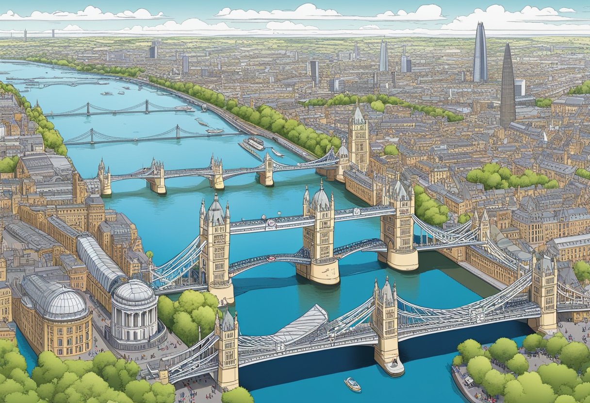 A panoramic view of 12 famous bridges of London spanning the River Thames, showcasing their unique architectural styles and historical significance