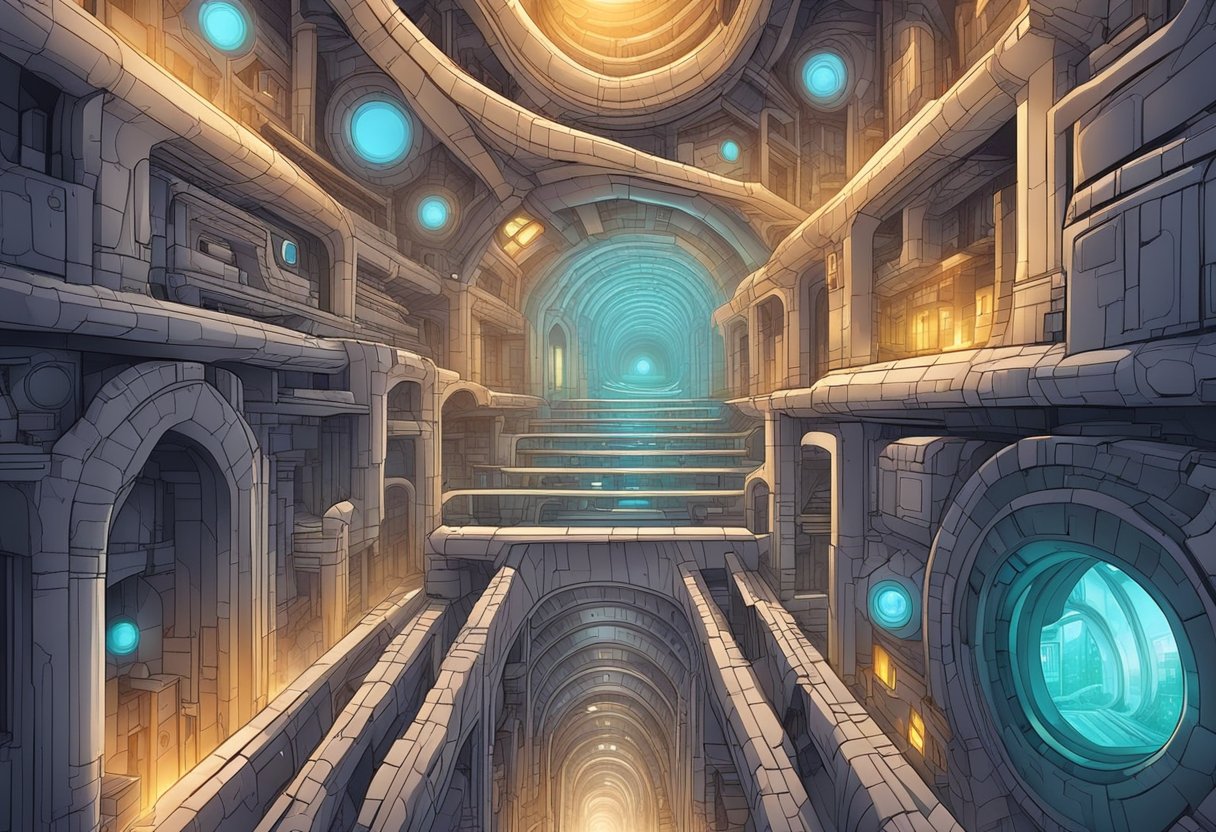 Bustling underground city with futuristic architecture and hidden passageways. Glowing lights illuminate the labyrinth of tunnels and chambers