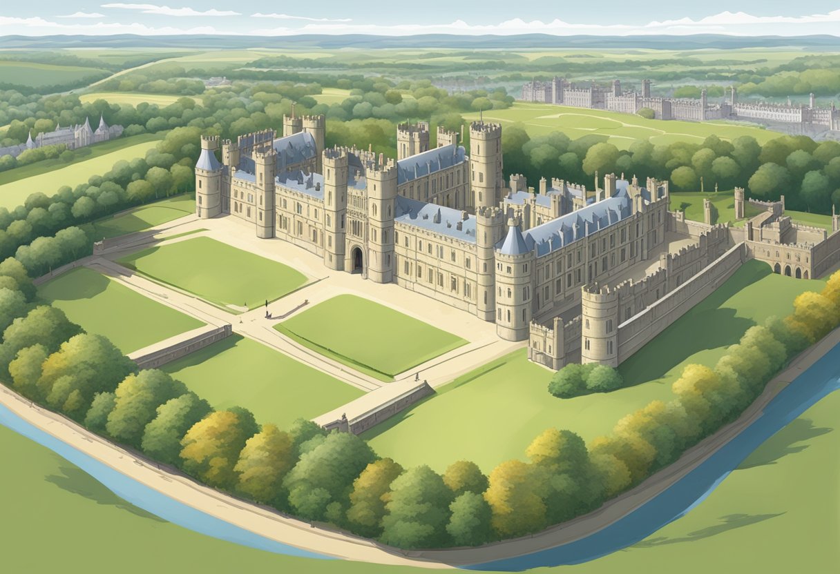 A panoramic view of iconic landmarks such as Windsor Castle, Hampton Court Palace, and Kew Gardens, set against a backdrop of rolling countryside and historic architecture