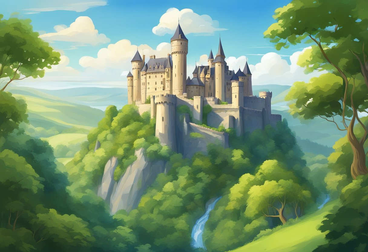 A majestic castle perched on a hill overlooking lush greenery and a winding river, with turrets and towers rising against a blue sky