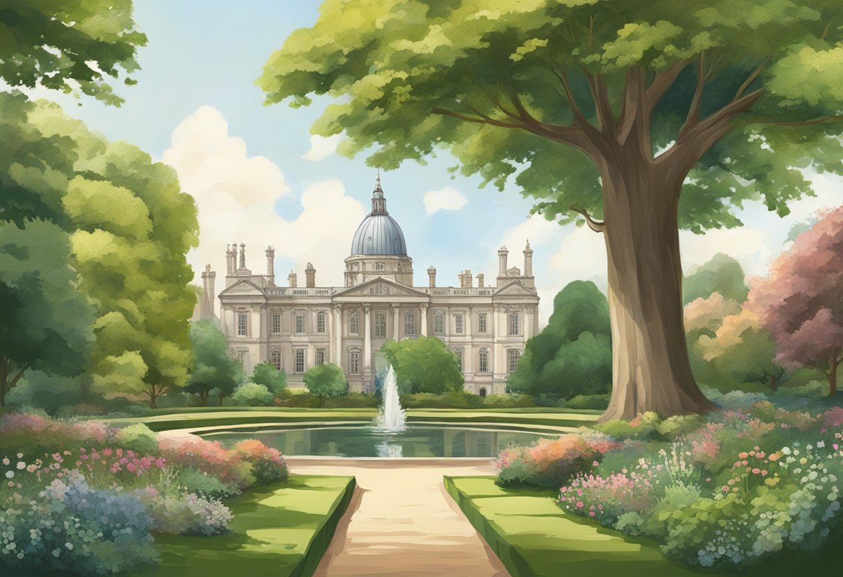 Lush gardens and grand old trees surround a majestic historical landmark outside of Central London. The scene exudes tranquility and beauty