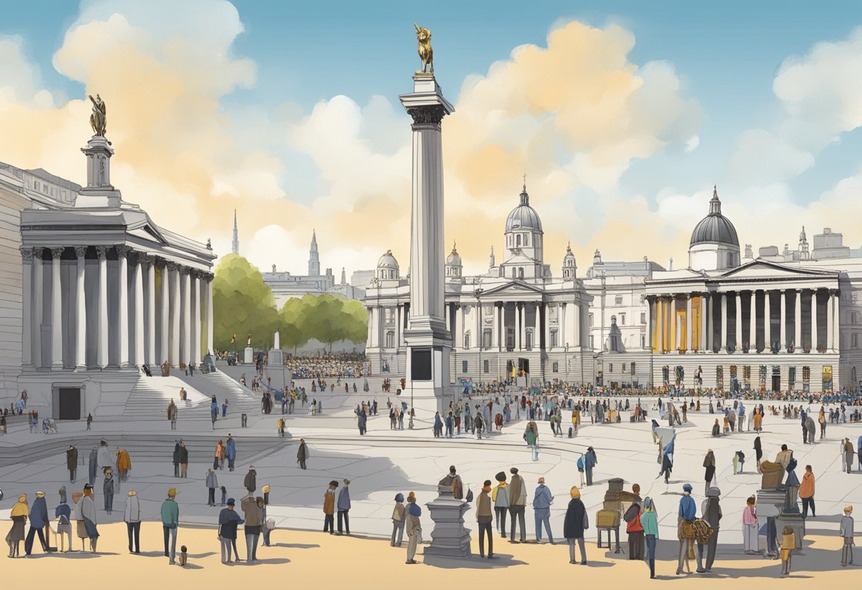 Trafalgar Square: iconic lion statues guard a grand column, fountains, and bustling crowds, surrounded by historic buildings and the National Gallery