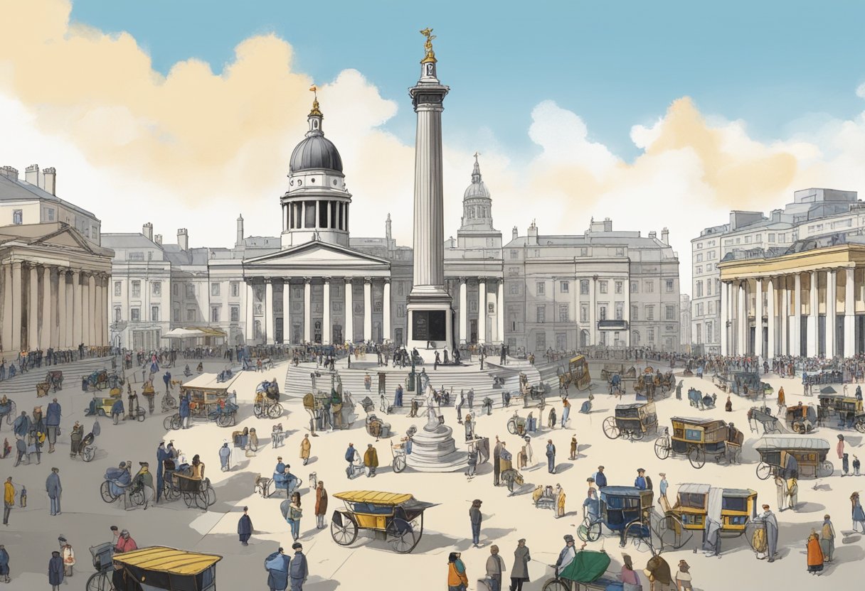 Trafalgar Square's transformation from a royal mews to a bustling public square. The iconic Nelson's Column and fountains at its center. Surrounded by historic buildings and bustling with tourists