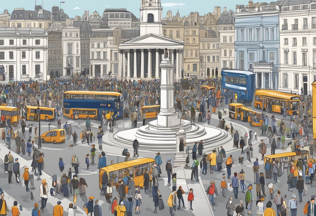 Trafalgar Square bustling with diverse crowds, surrounded by historic buildings and iconic landmarks, symbolizing London's cultural and political significance