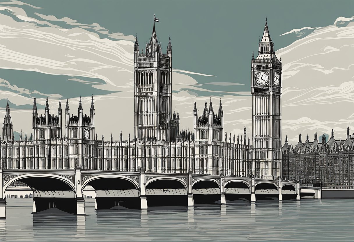 The iconic Houses of Parliament stand tall along the River Thames, with Big Ben's clock tower dominating the skyline. The intricate Gothic architecture and ornate details make for a captivating sight