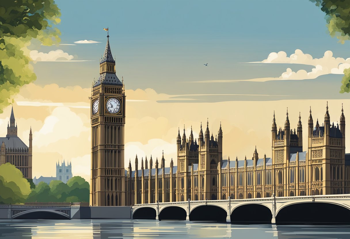 The iconic Houses of Parliament stand proudly along the River Thames, featuring ornate Gothic architecture and the famous Big Ben clock tower