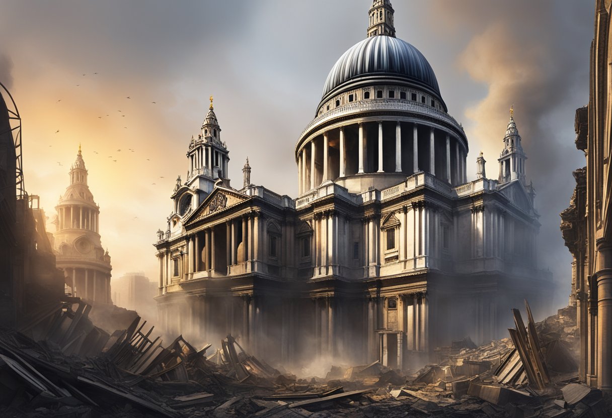 The iconic dome of St. Paul's Cathedral rises above the smoldering ruins of London, surrounded by the charred remains of buildings