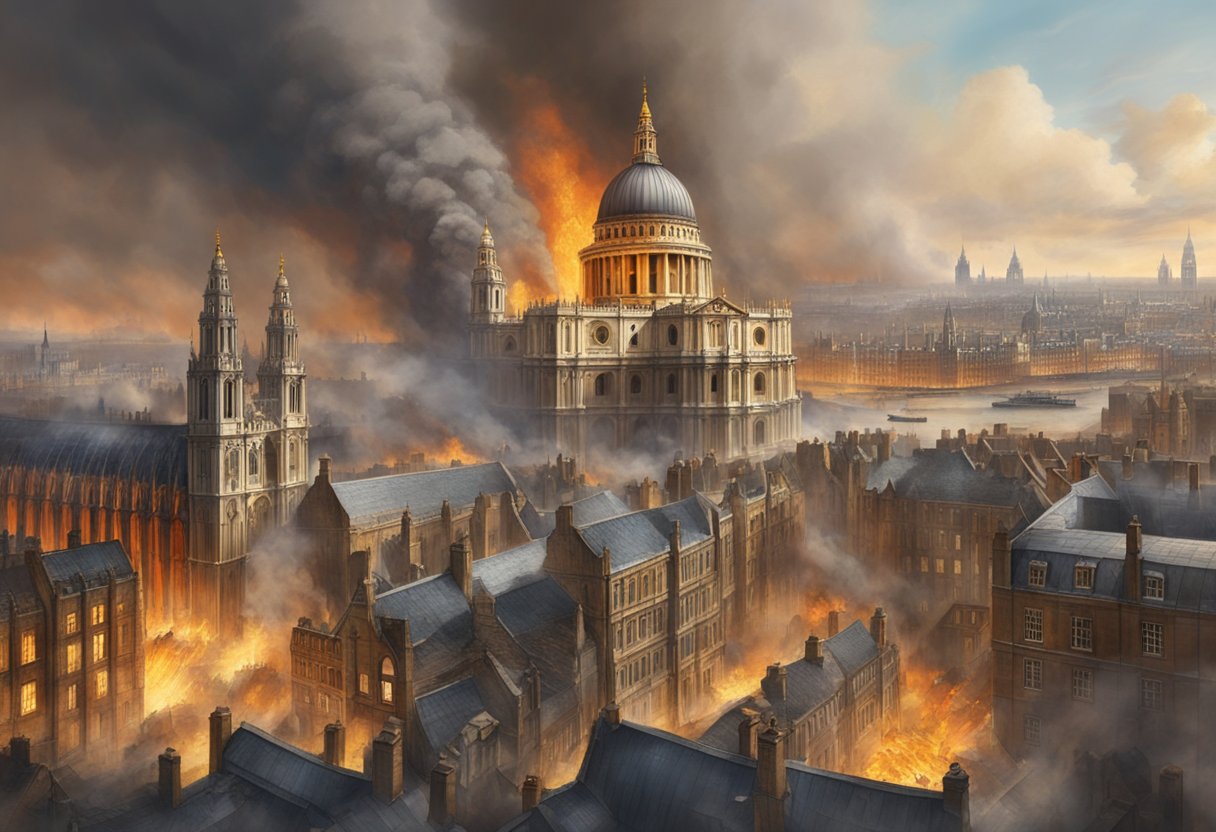 The Great Fire of London rages through the city, engulfing buildings in flames. St. Paul's Cathedral and the Tower of London stand amidst the destruction