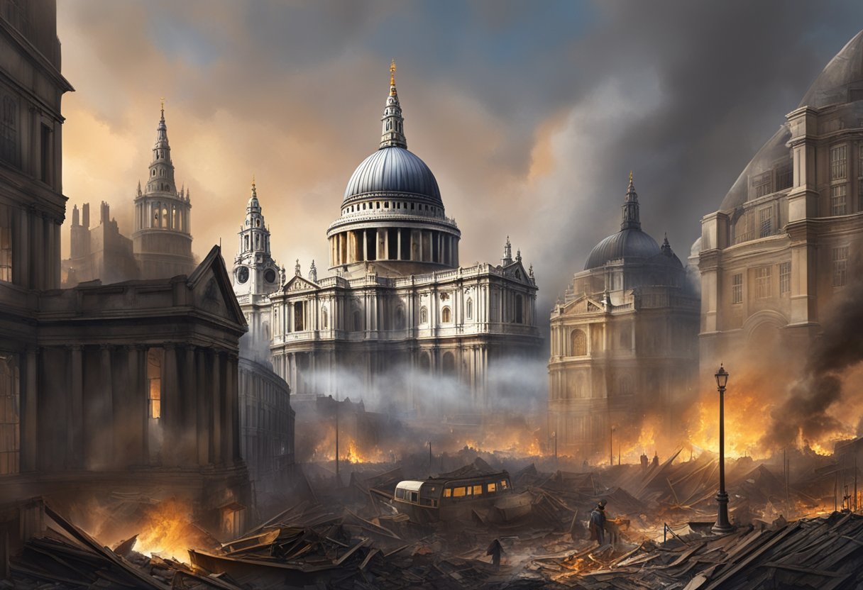 A bustling cityscape with iconic landmarks such as St. Paul's Cathedral and the Tower of London standing tall amidst the destruction of the Great Fire