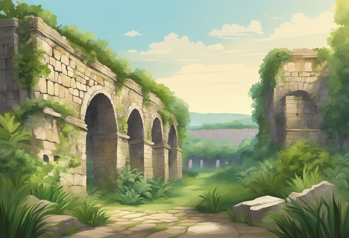 The ancient Roman wall stands tall, surrounded by lush greenery. Nearby, remnants of a Roman fort lie in ruins, with weathered stone and crumbling arches