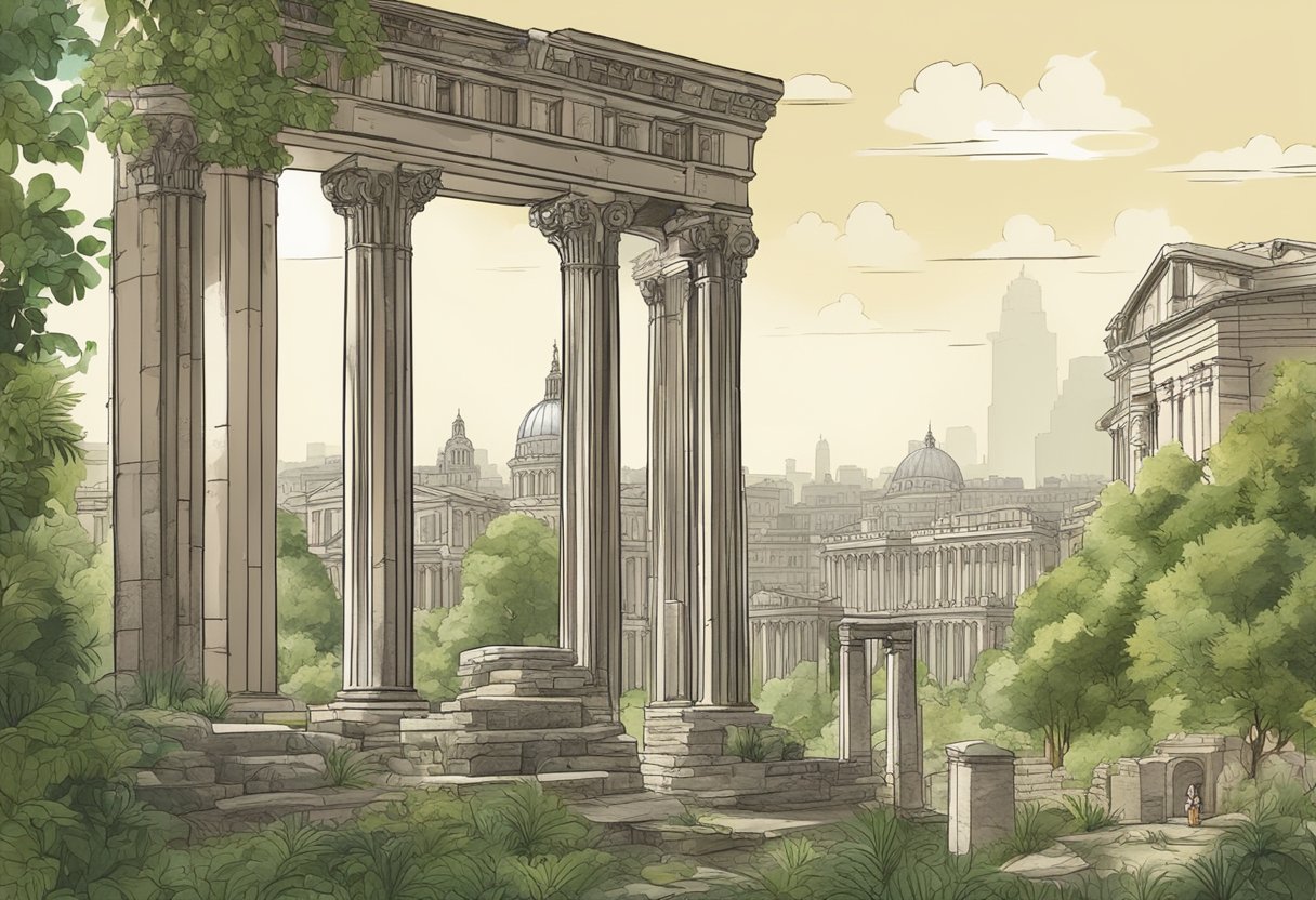 The ancient Roman ruins in London stand tall and weathered, surrounded by lush greenery and the hustle and bustle of modern city life