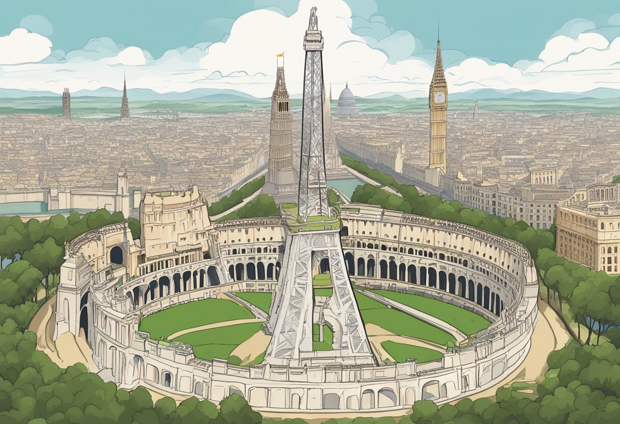 The Eiffel Tower, Big Ben, and the Colosseum stand tall, reconstructed after the devastation of WWII. Other landmarks, like the Hiroshima Peace Memorial, also rose again