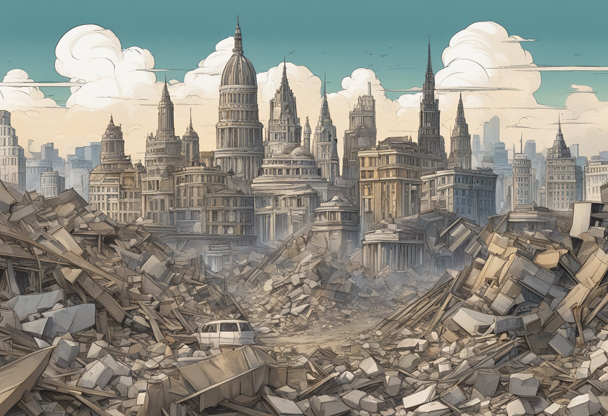 A city skyline with iconic landmarks rising from the rubble, symbolizing resilience and rebirth after WWII