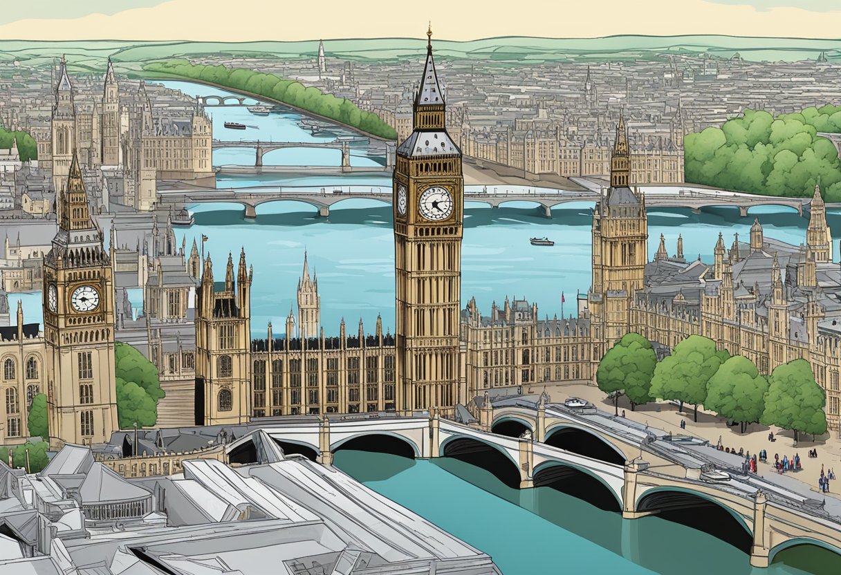 The towering Big Ben overlooks the Thames, surrounded by ancient stone bridges and historic landmarks, embodying London's rich historical narrative