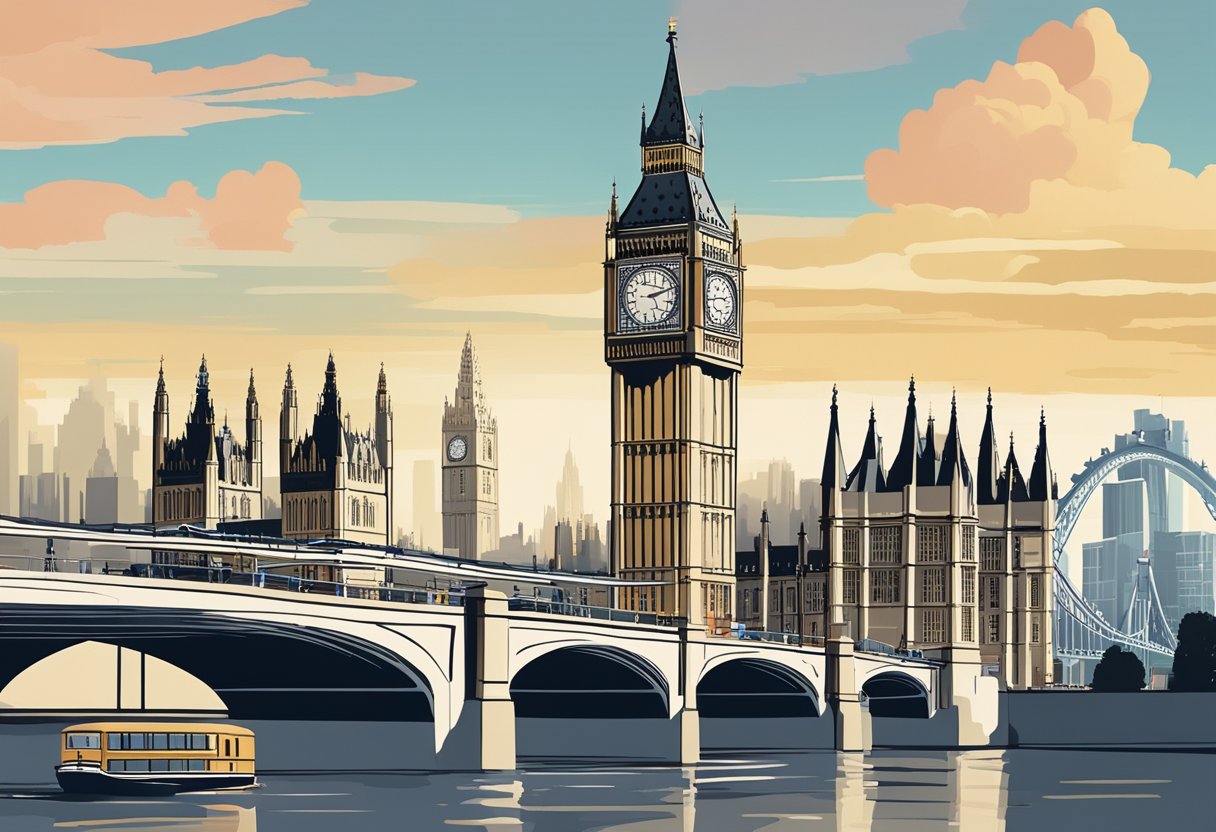 The scene shows iconic London monuments, such as Big Ben and the Tower Bridge, set against a backdrop of modern skyscrapers, reflecting the city's rich historical and contemporary context