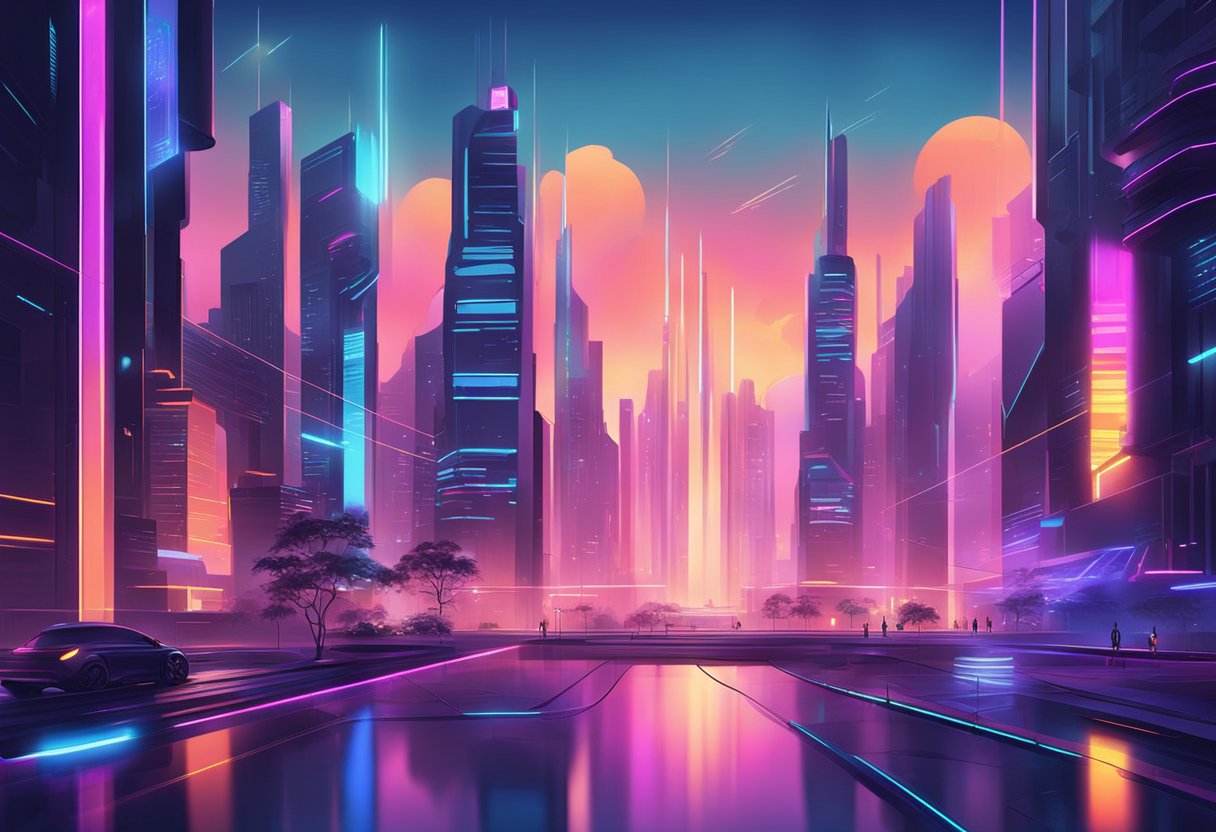 A futuristic cityscape with glowing neon lights and sleek, high-tech buildings. The scene is filled with a sense of advanced technology and modernity