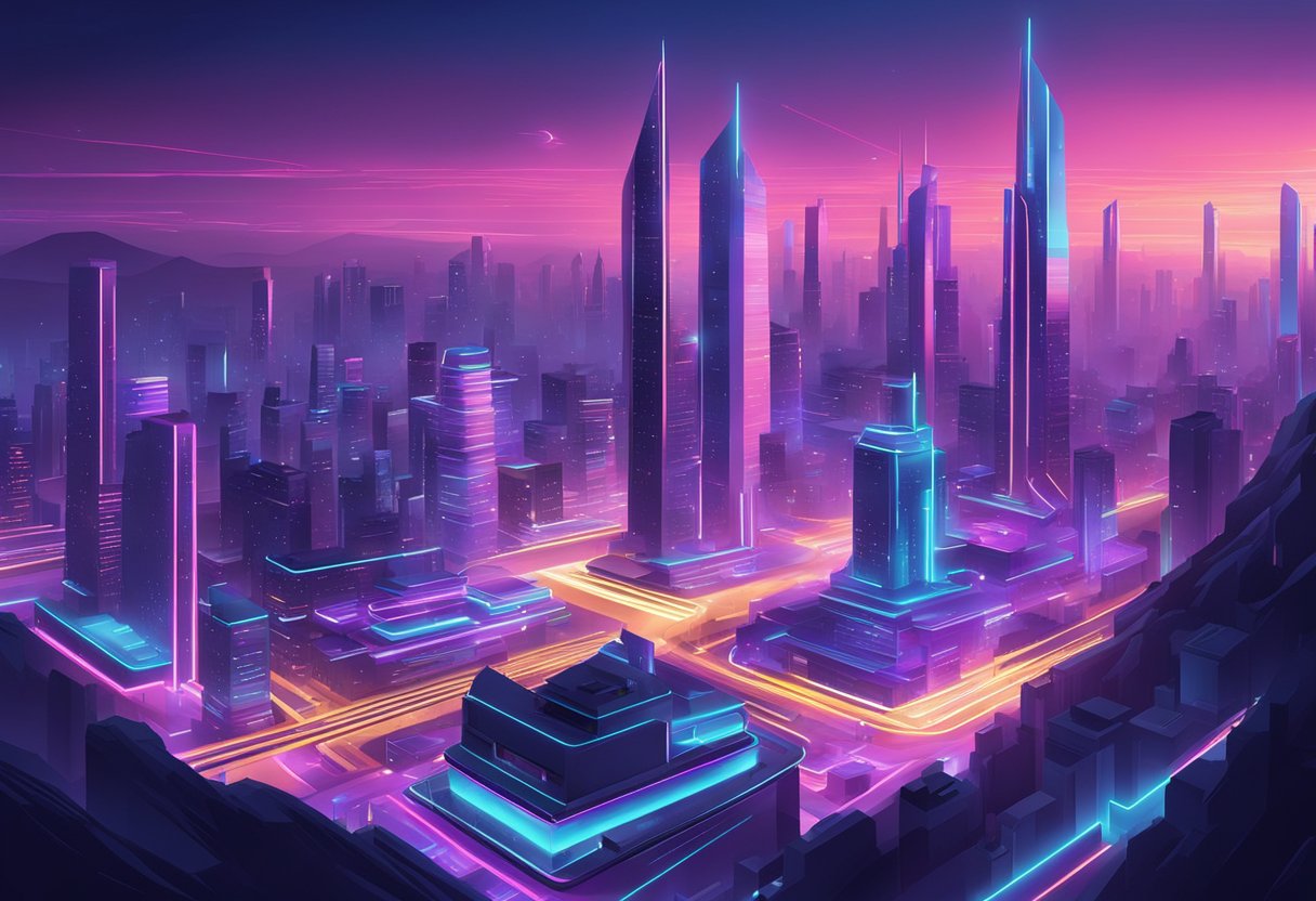 A futuristic cityscape with neon lights and sleek, angular architecture. The scene is bustling with activity, showing a sense of advanced technology and innovation