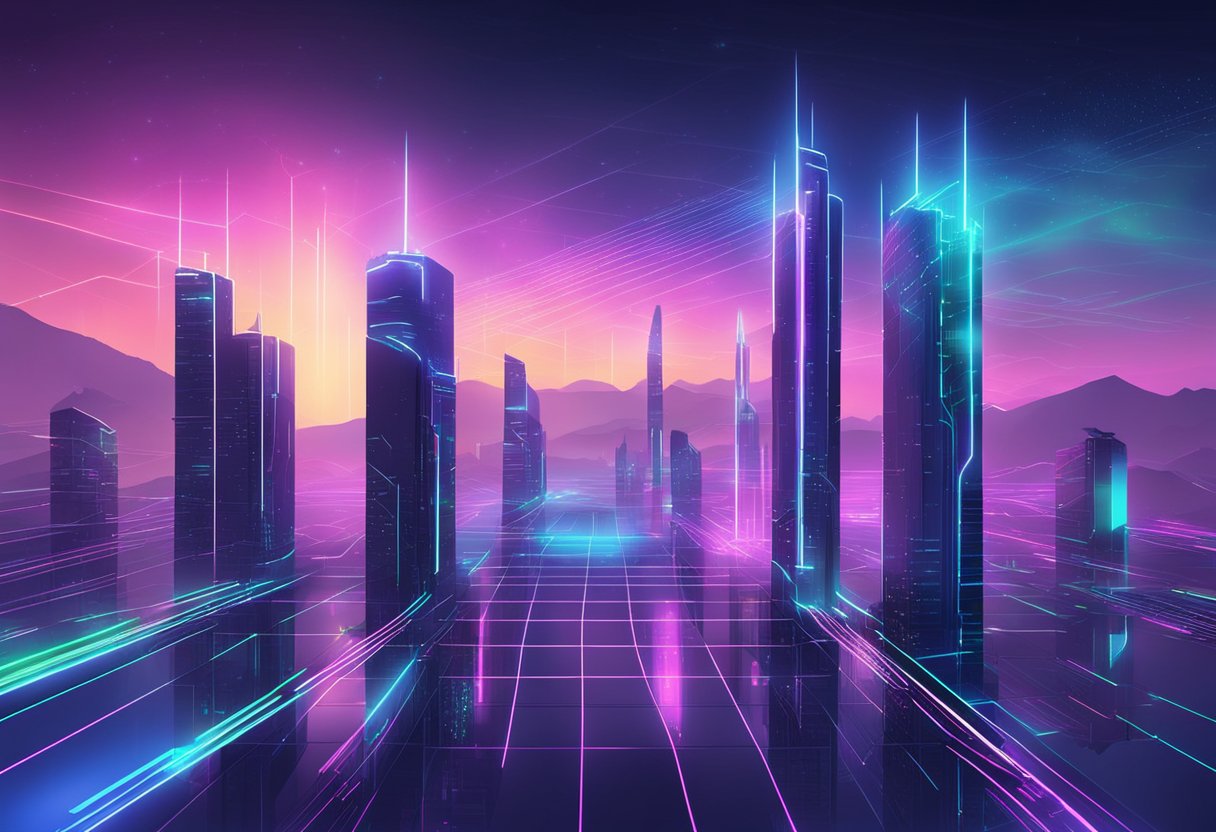 A futuristic city skyline with neon-lit buildings and sleek, high-tech architecture. A digital grid hovers in the sky, pulsing with energy