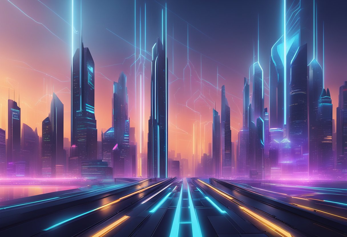 A futuristic cityscape with digital billboards displaying fluctuating financial data. A glowing Tron logo hovers above the skyline, symbolizing economic dynamics