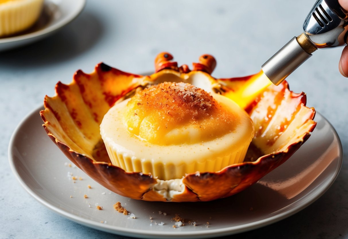 A crab shell filled with creamy brulee mixture, sprinkled with sugar, and caramelized to a golden brown using a kitchen torch