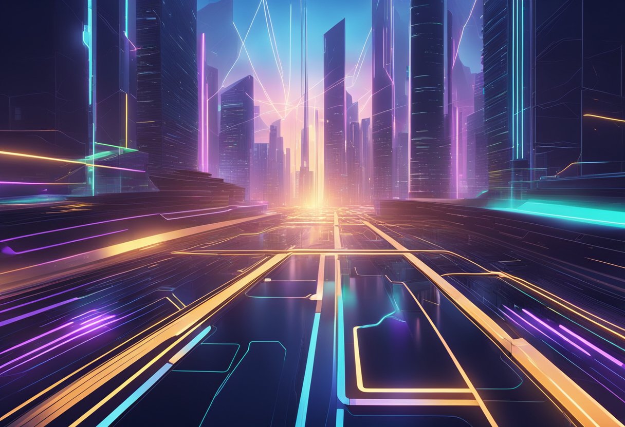 A futuristic cityscape with glowing neon lights and sleek, interconnected buildings. A network of digital pathways and data streams crisscrosses the sky