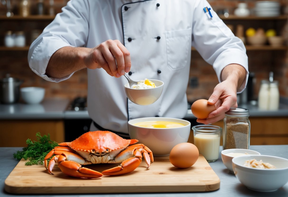 A chef's hand selects fresh crab, eggs, cream, and seasonings from a well-stocked pantry for the crab brulee recipe