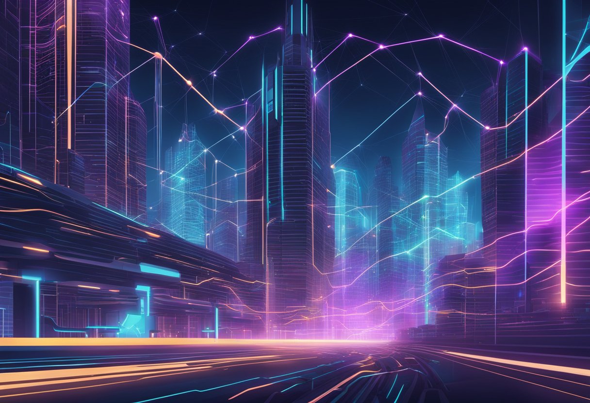 A futuristic cityscape with interconnected nodes and data streams, glowing with neon lights and pulsing with energy, symbolizing the decentralized nature of DApps on the Tron network