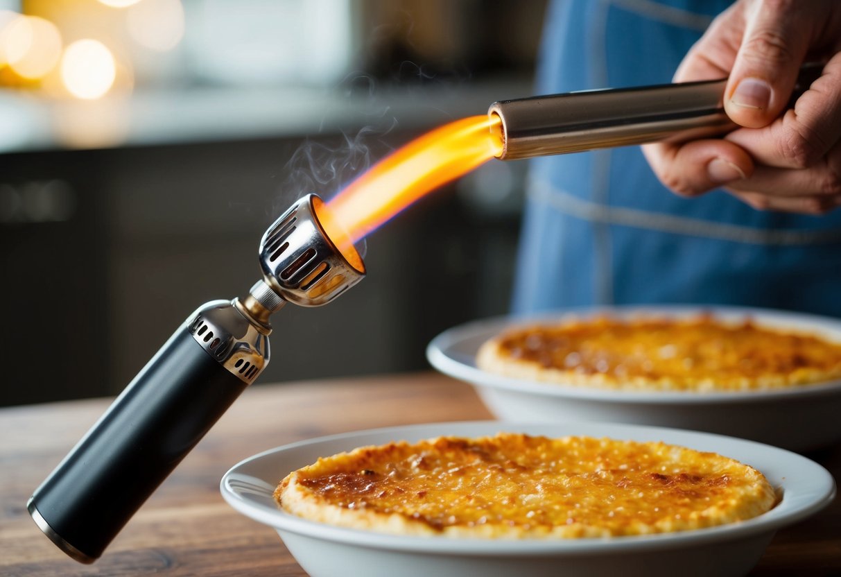 A small kitchen torch caramelizes the sugar topping of a crab brulee, creating a golden, crackling crust over the creamy seafood filling