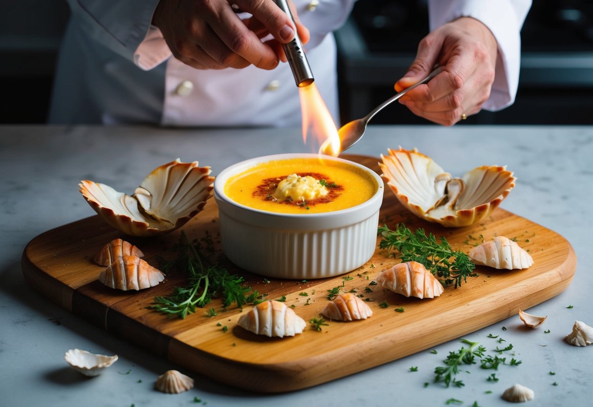 A chef torches a golden-brown crab brulee in a ramekin, surrounded by scattered crab shells and garnished with fresh herbs on a wooden serving board