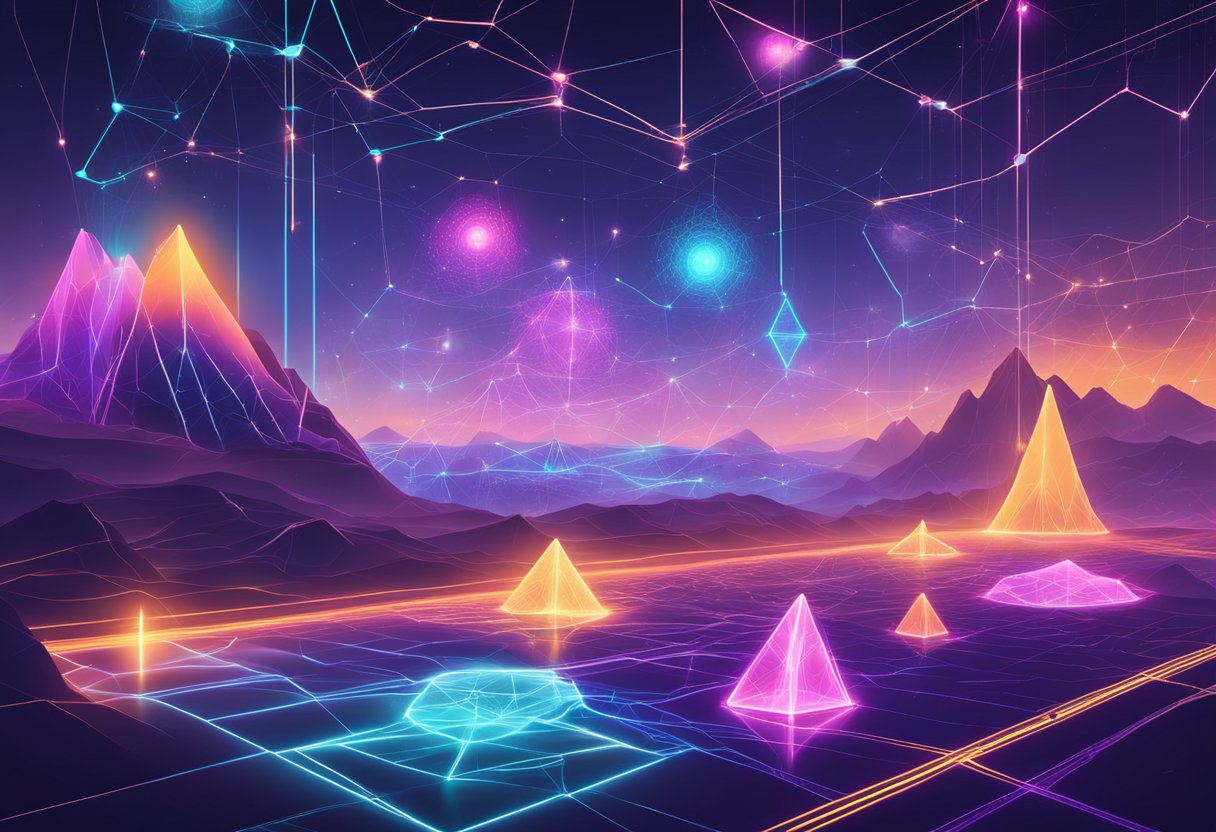 A vibrant digital landscape with interconnected nodes and glowing symbols representing token standards and assets for Tron - TRX