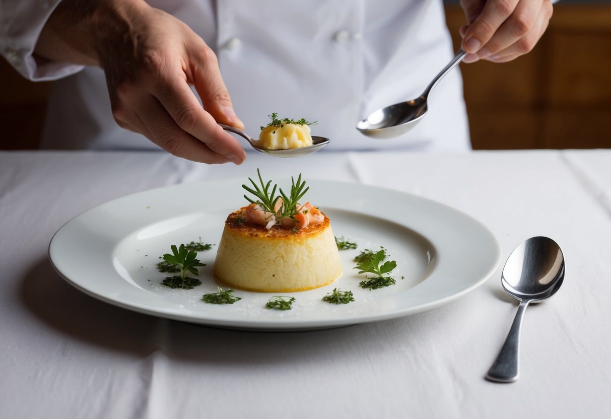 A chef plates a delicate crab brulee, garnishing with fresh herbs and a sprinkle of sea salt. A silver serving spoon rests nearby