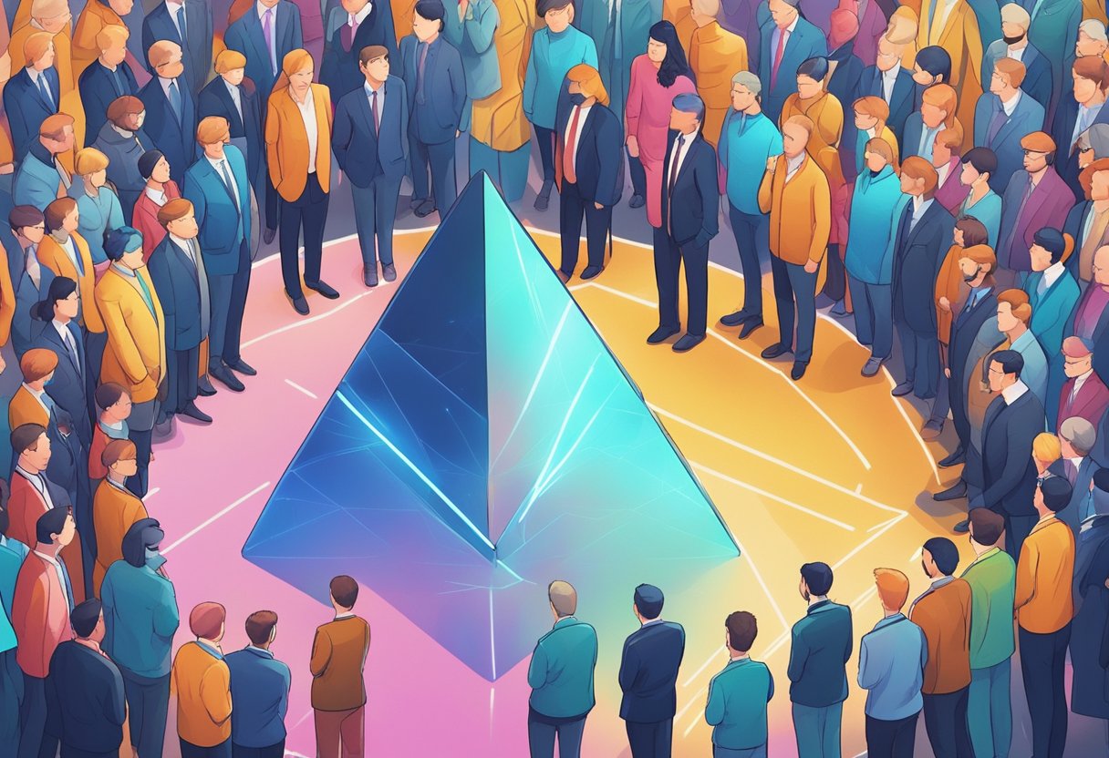 A group of people gather around a large stake, symbolizing their involvement in the governance of the Tron (TRX) cryptocurrency network