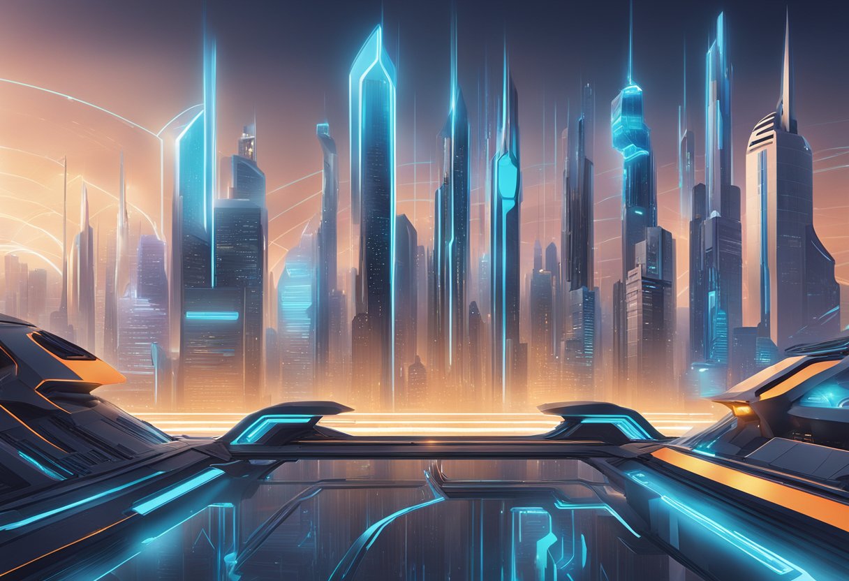 A futuristic cityscape with Tron's logo integrated into various buildings and technology, showcasing seamless partnerships and integration