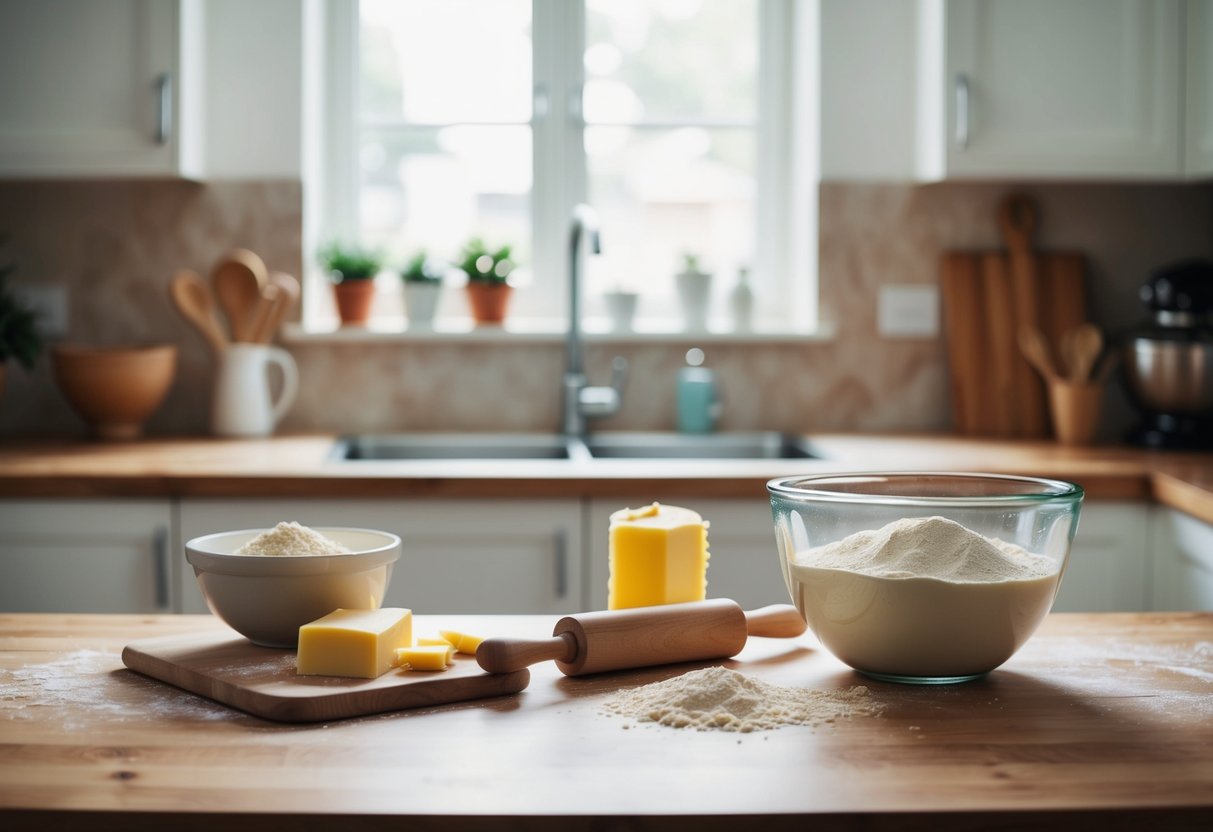 A kitchen counter with ingredients (flour, butter, yeast) and tools (mixing bowl, rolling pin) for making gipfeli