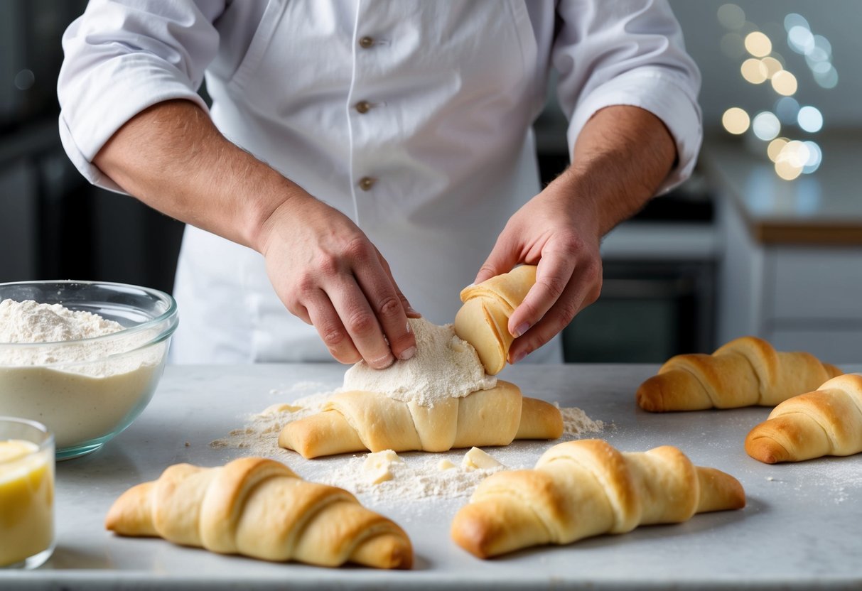 A baker mixes flour, butter, and yeast. They shape the dough into crescent rolls and bake them until golden brown